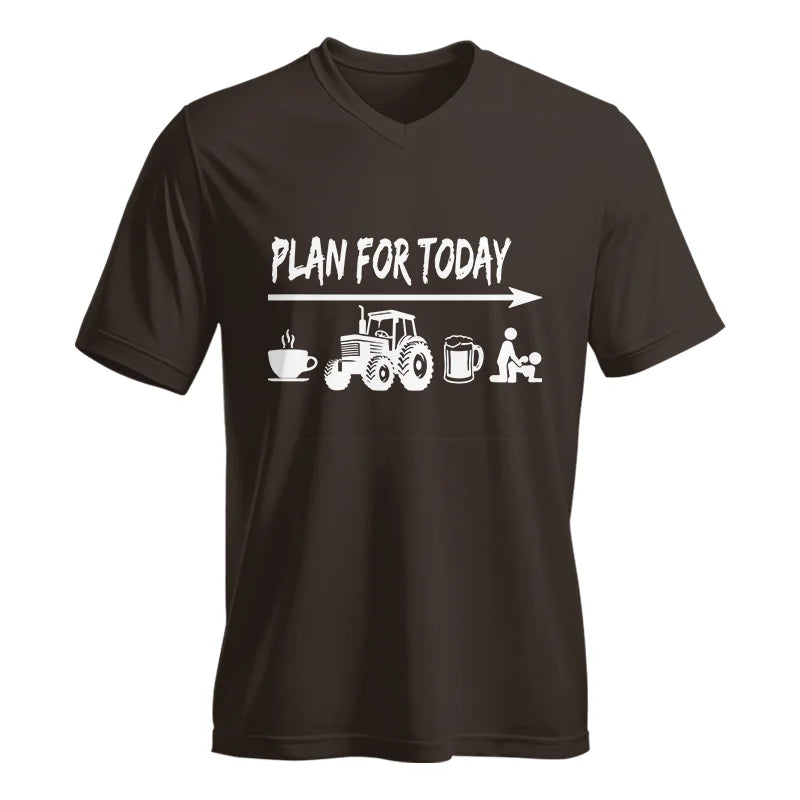 Image of Funny Farmer Plan For Today Coffee Tractor Beer Bed - Unisex Jersey Short Sleeve V-Neck Tee