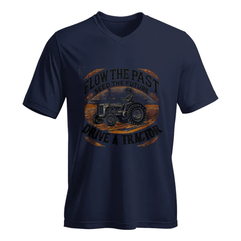 Image of Flow The Past_Seed The Future_Drive A Tractor 1 - Unisex Jersey Short Sleeve V-Neck Tee