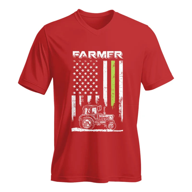 Image of Farmer Tractor Patriotic American Flag - Unisex Jersey Short Sleeve V-Neck Tee